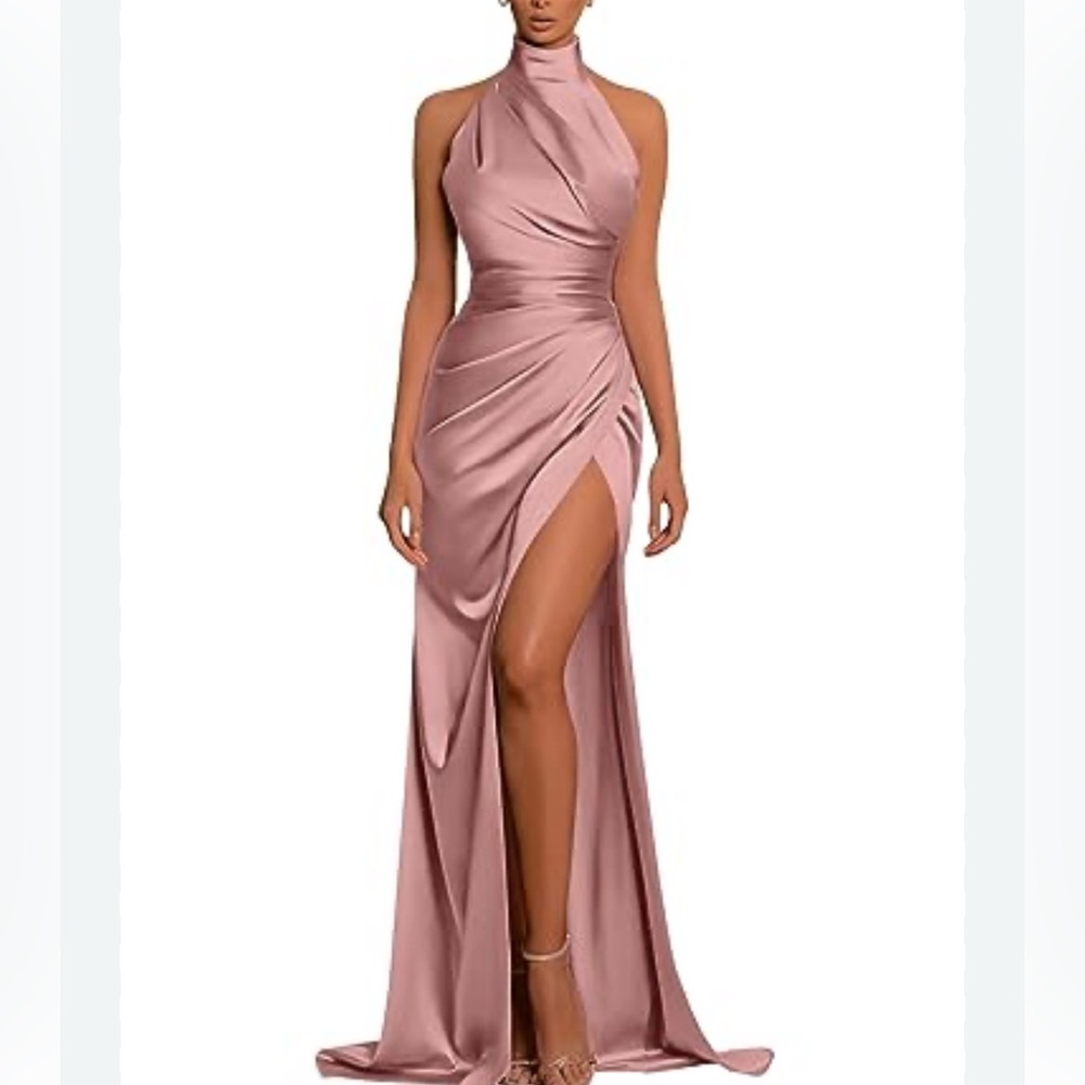 Missacc One-Shoulder Satin High-Slit Evening Dress in Dusty Rose